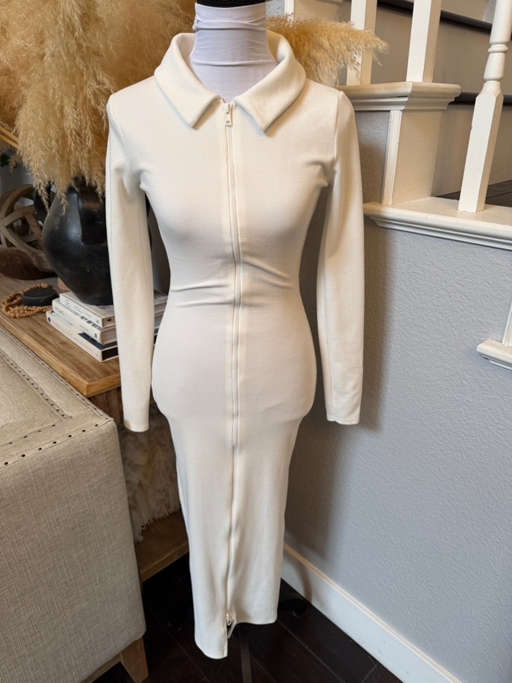 Nasty Gal Contour Ribbed High Neck Zip Front Cream Midi Dress Size 4 - Picture 2 of 7
